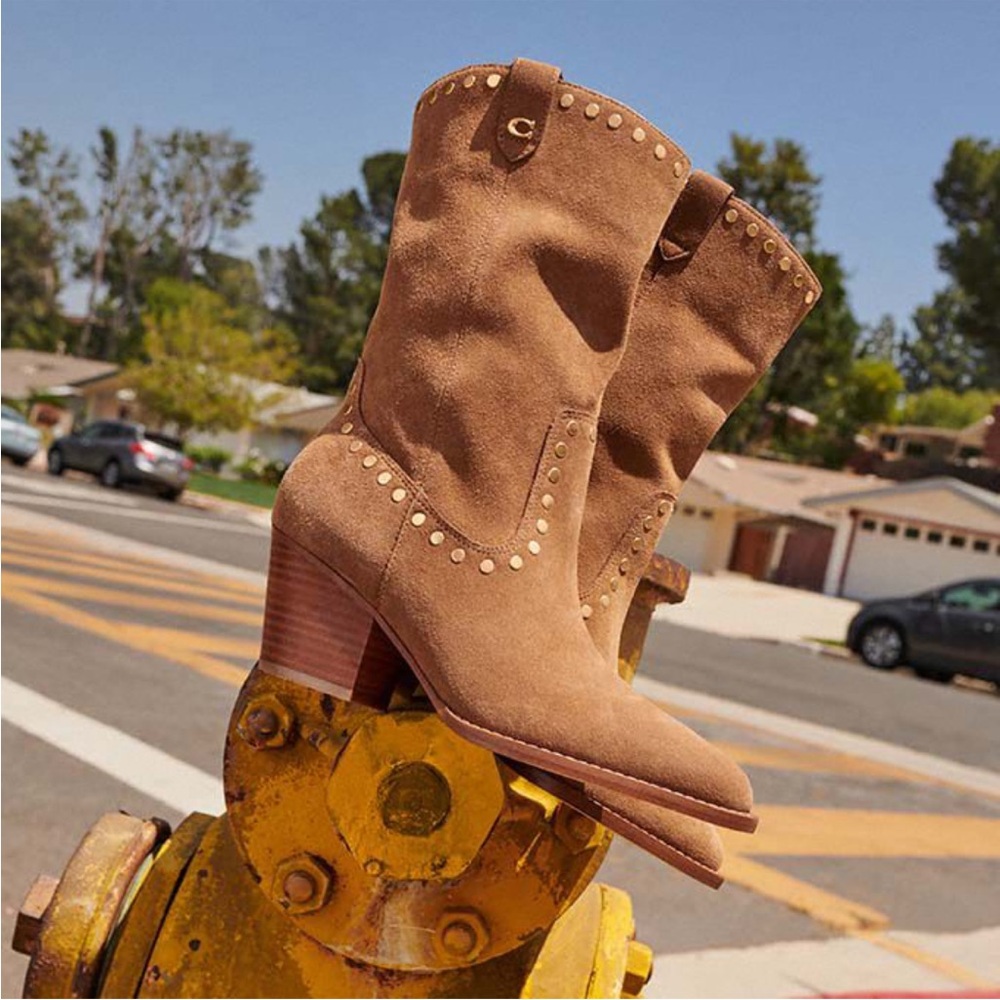 Coach studded western phoebe suede booties boots tan NWOT